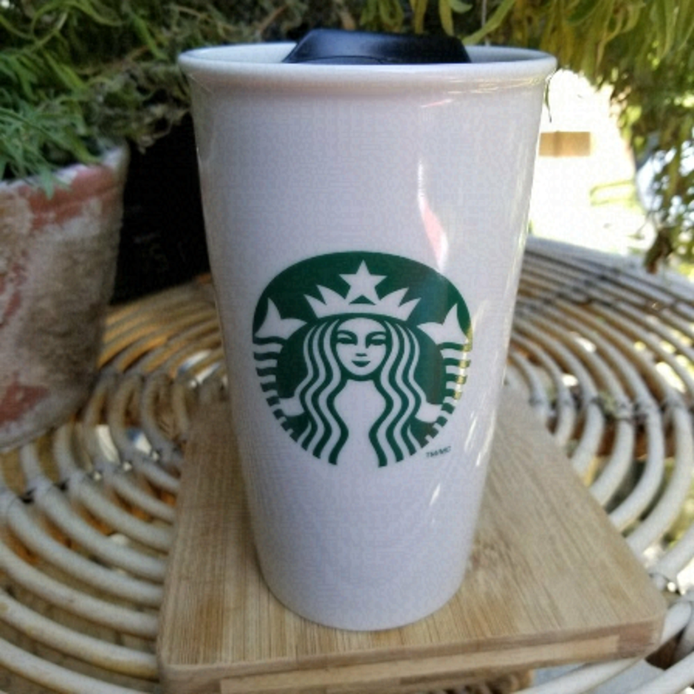 Starbucks Ceramic Travel Mug 12oz White Siren Logo 2014 with Lid